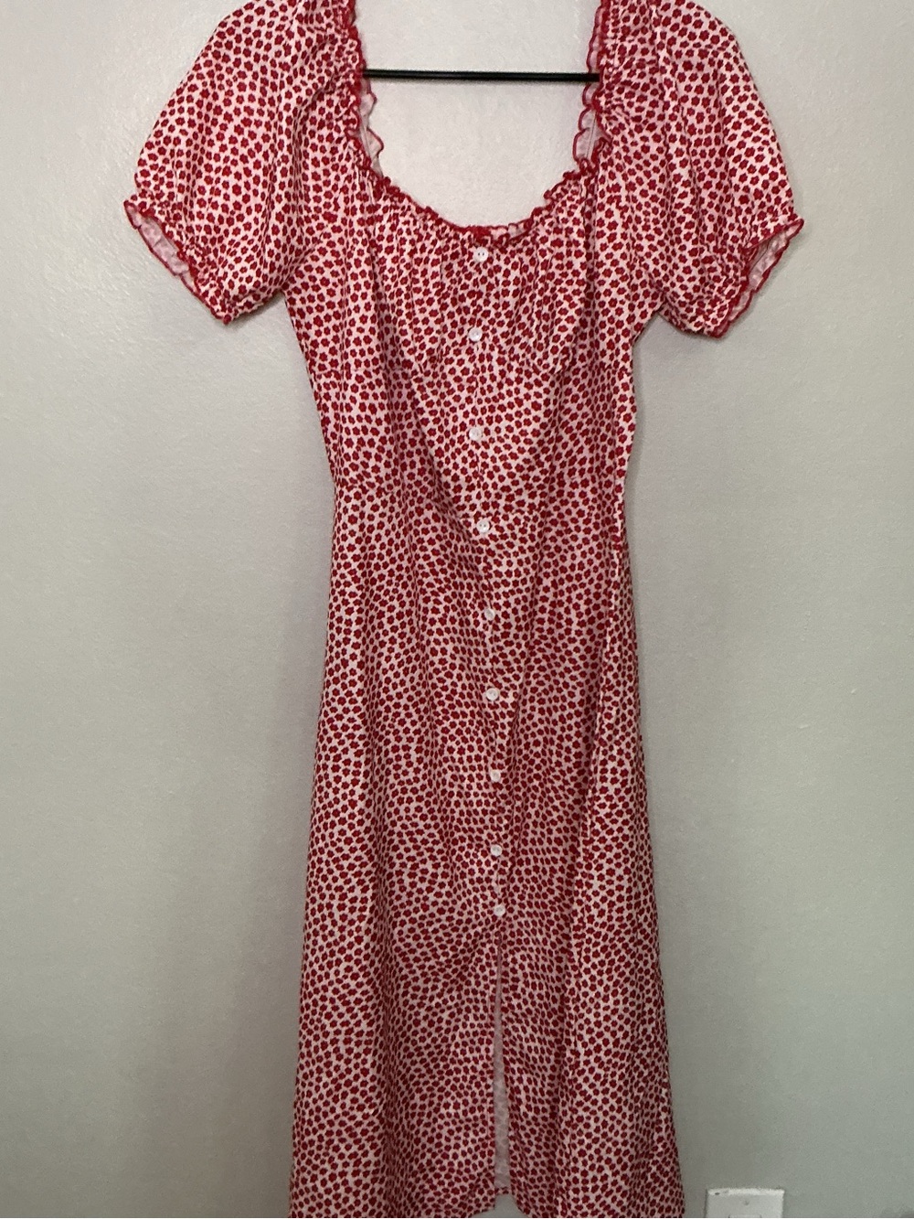 Red Ditsy Floral Puff Sleeve Cottagecore button-Front Midi Milkmaid Dress Size S